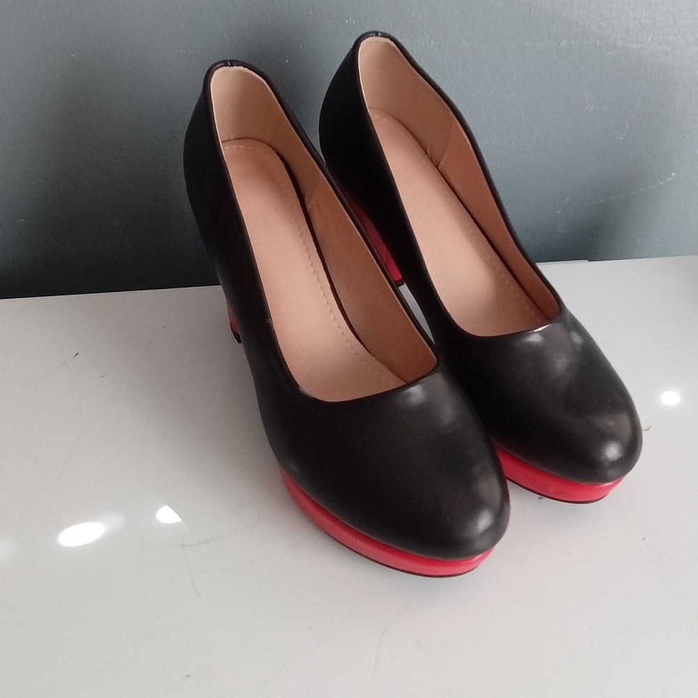 Black and Red Platform Block Heel Pumps Round Toe Two Tone Dress Shoes